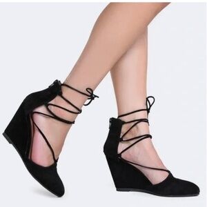 Jeffrey Campbell | Anthropologie Ouvere Black Suede Strappy Wedge Heels, Size 8